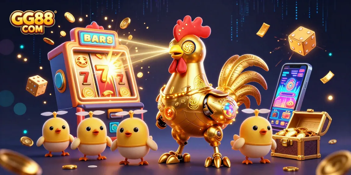 Experience the excitement at GG88 COM with a dynamic scene featuring a golden rooster robot and baby chick drones surrounded by jackpots and casino games.