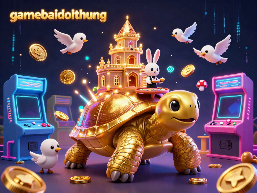 Experience gamebaidoithuong with a vibrant casino scene featuring a tortoise with a casino palace and a rabbit dealer.
