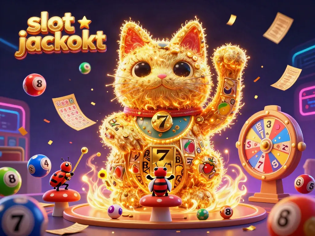 Experience the excitement of the slot jackpot with a magical, vibrant casino scene featuring a lucky cat and lottery elements.