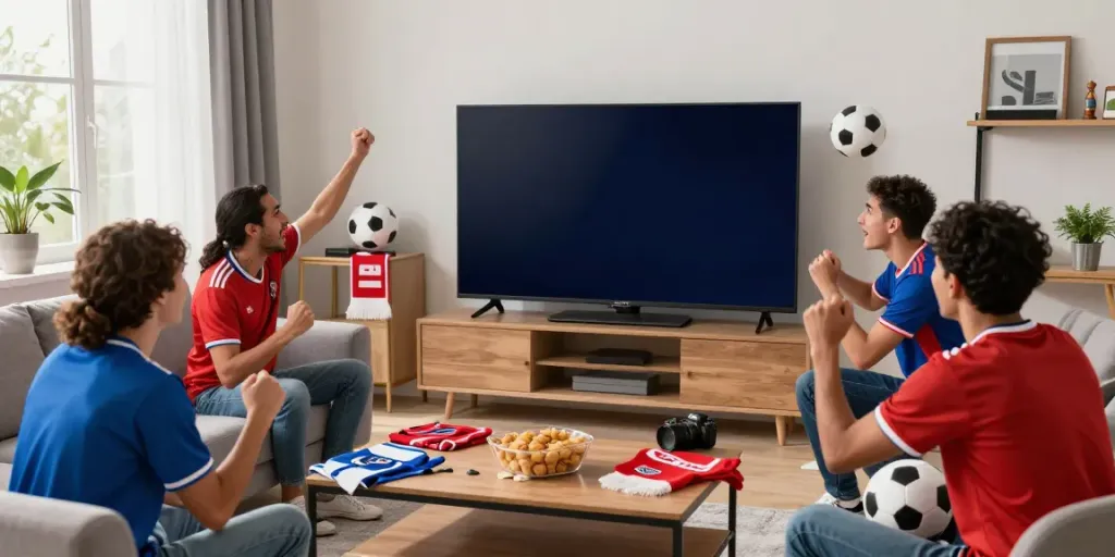 Football fans enjoying a match streaming on XOILACTV in a lively living room atmosphere.
