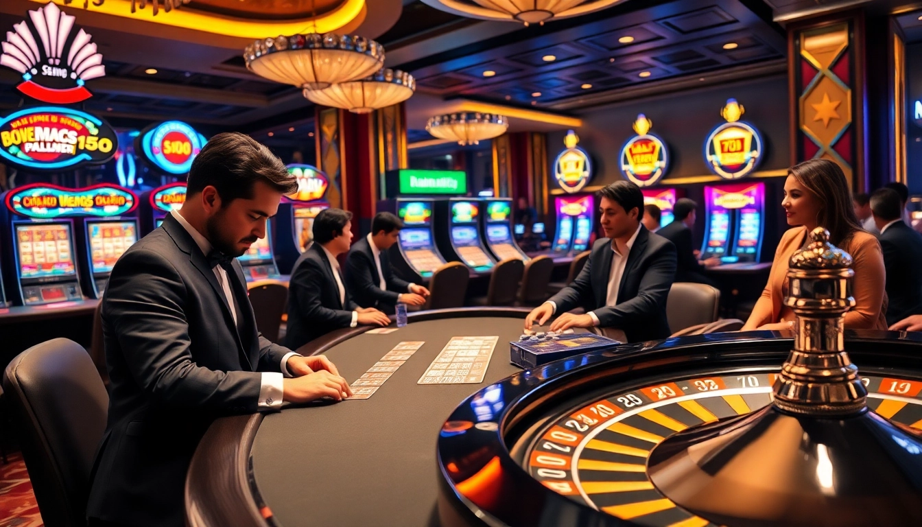 Naga99 players enjoying high-stakes poker and vibrant slot machines in a luxurious casino setting.