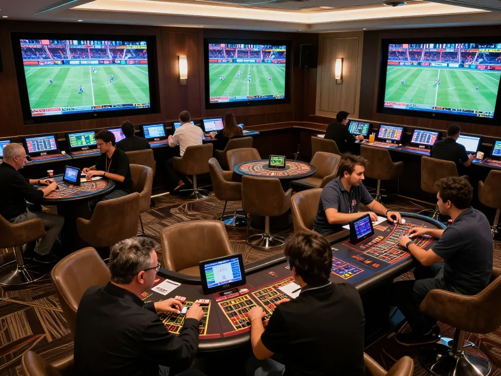 Sports betting enthusiasts enjoying hbet2 at an upscale casino's betting lounge filled with live action.