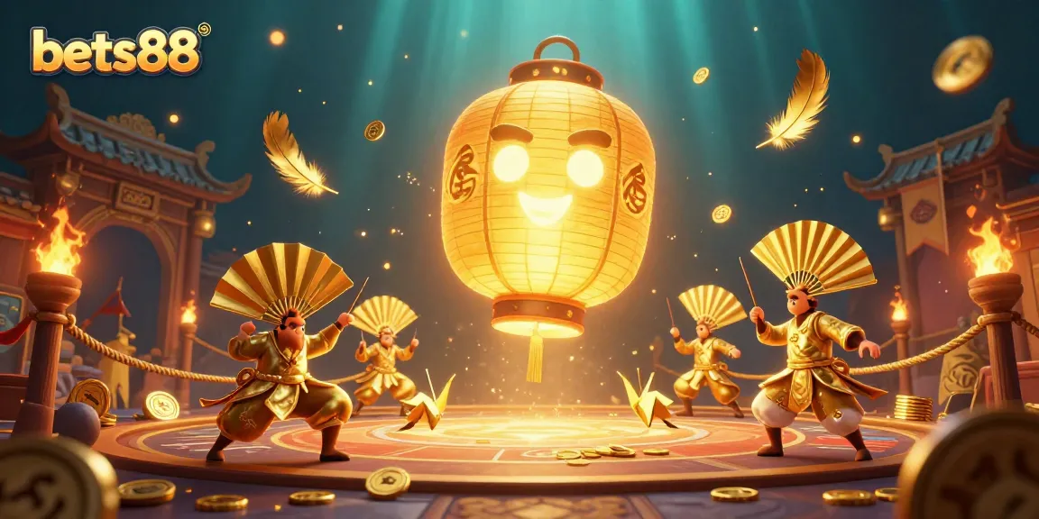 Bets88 engages in a vibrant casino scene with a golden lantern spirit, showcasing dynamic gaming elements.