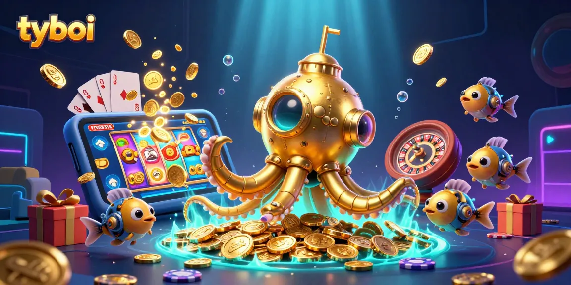 Play exciting games at tyboi with a dazzling golden kraken and vibrant slot machine elements.