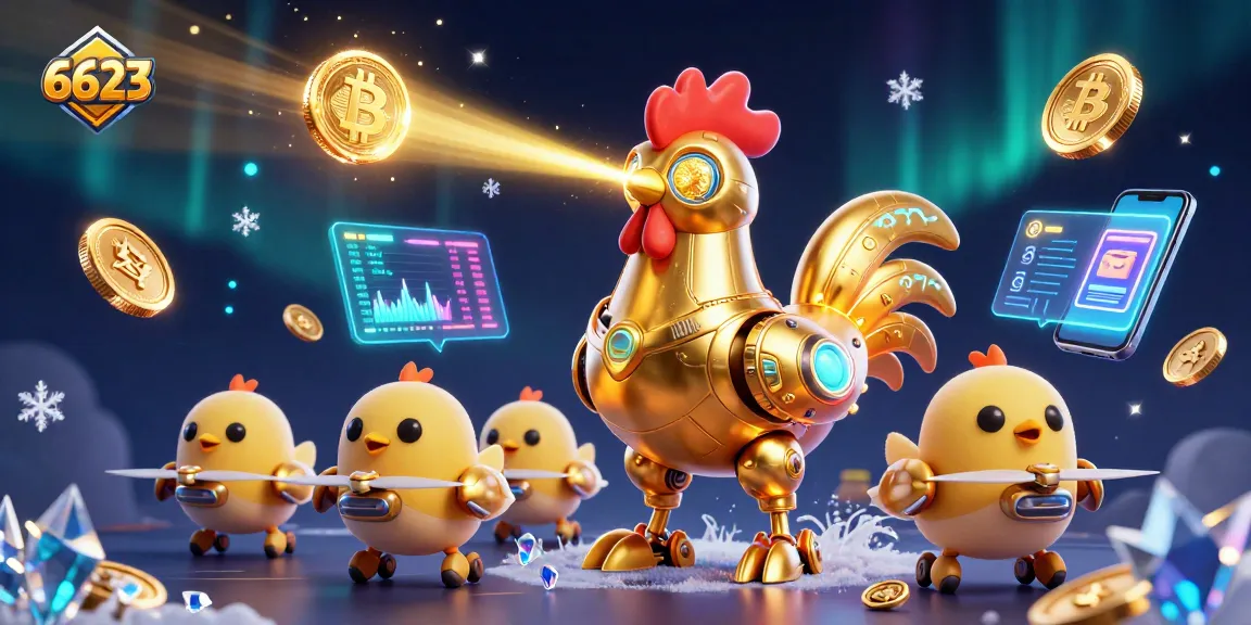 Engage with 6623 in this vibrant casino-themed scene featuring a futuristic rooster robot amidst gaming elements.