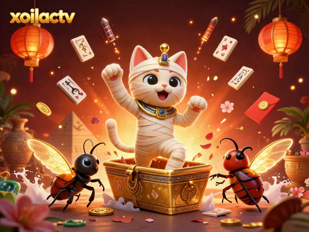 Experience stunning excitement with xoilactv as a glowing mummy cat bursts from a golden sarcophagus in a vibrant casino.