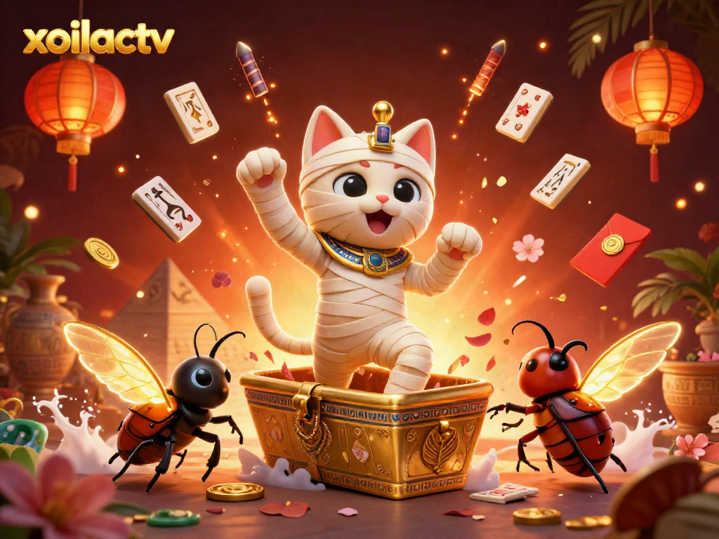 Experience stunning excitement with xoilactv as a glowing mummy cat bursts from a golden sarcophagus in a vibrant casino.