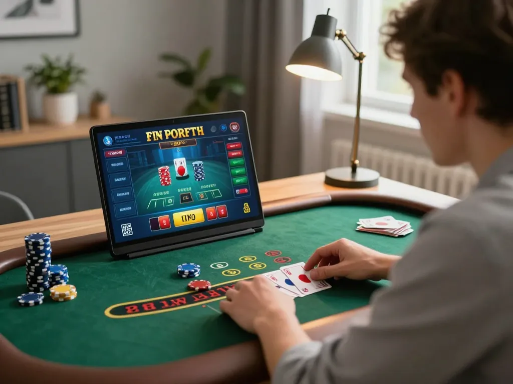 Engaging in a thrilling yo88 blackjack game from home with chips and cards displayed on laptop screen.