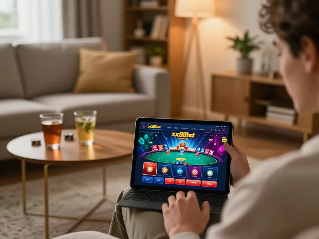 Person engages with xx88bet app on a tablet in a cozy home setting.