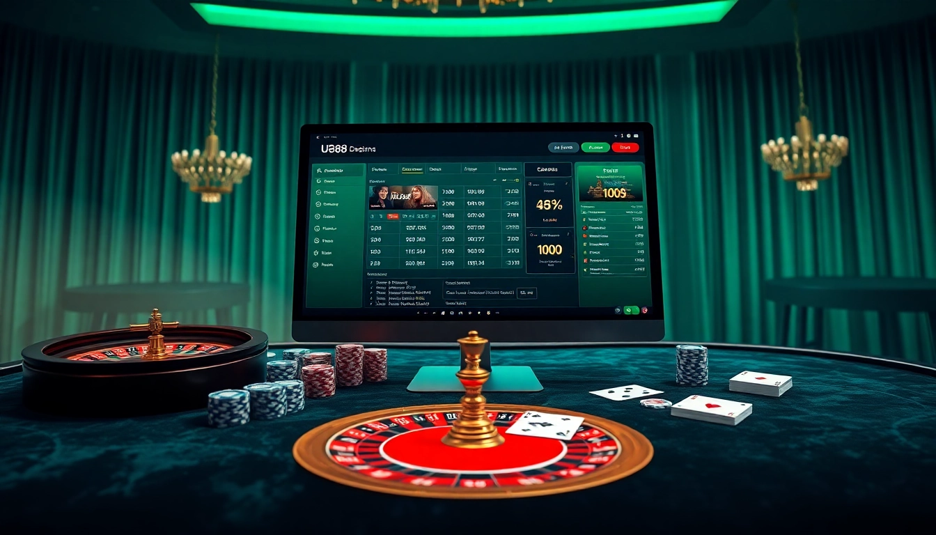Experience U888 with premium casino elements, featuring poker chips and a roulette wheel in a luxurious setting.