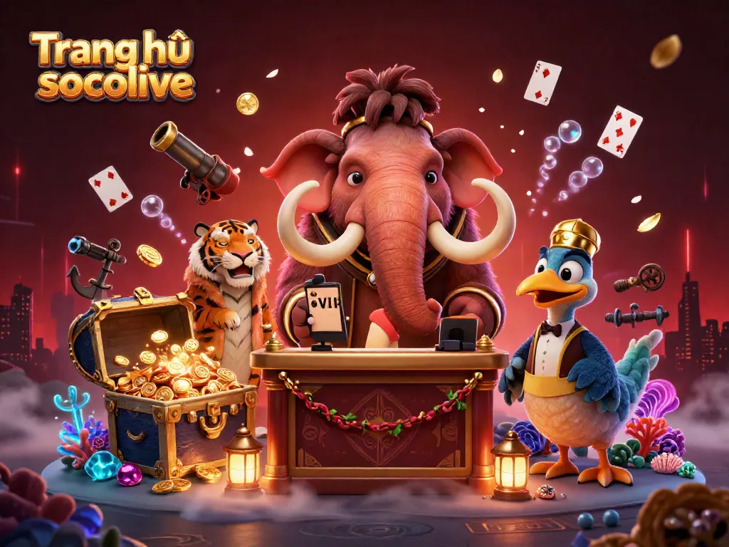 Experience the vibrant scene at Trang chủ socolive with unique cartoon characters interacting in a rich casino environment.