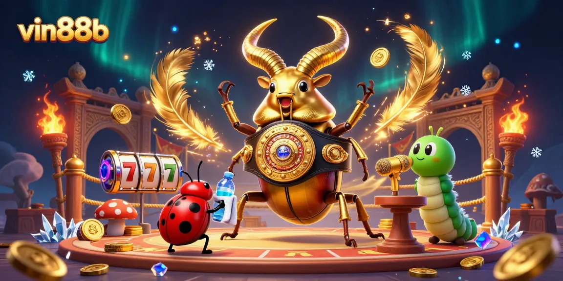 vin88b slots champion scene with a golden stag beetle and vibrant casino elements