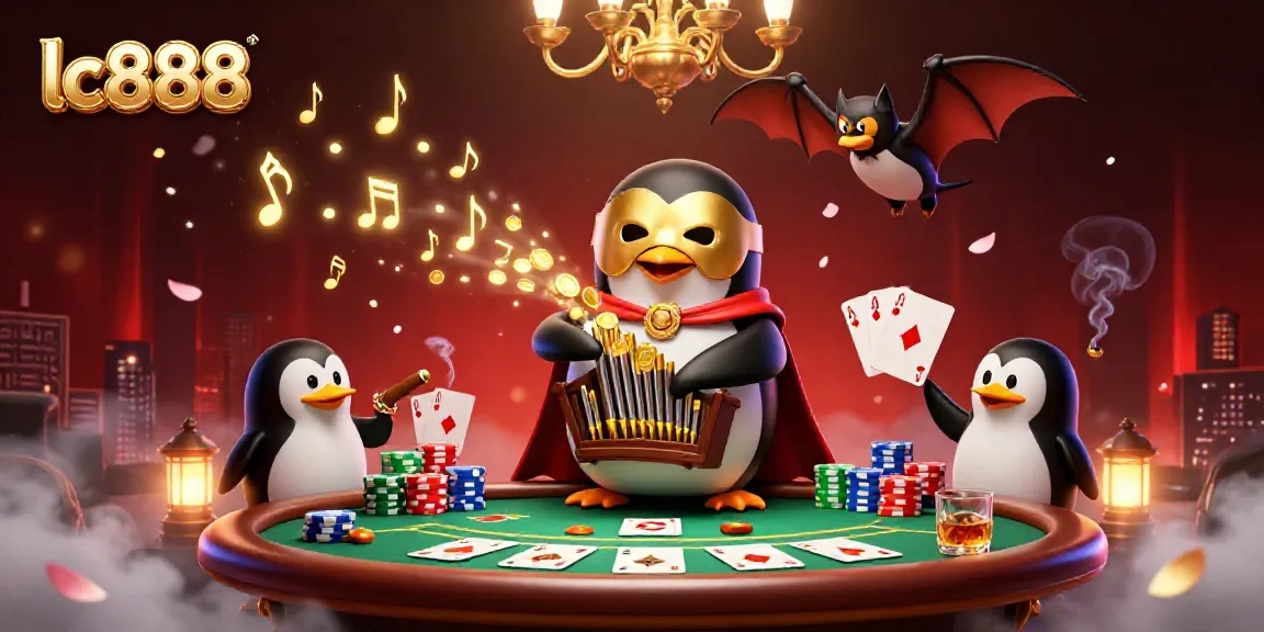 Experience winning moments at lc888 with a vibrant casino scene featuring penguins and poker elements.