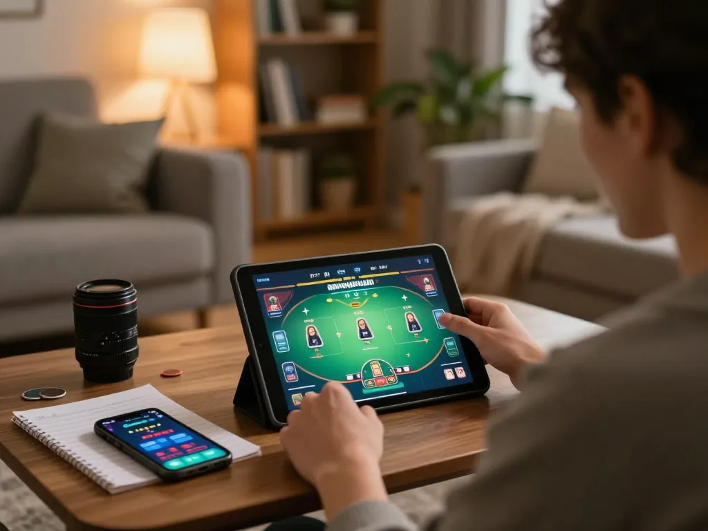 Engaging online poker gameplay at home with LC 88 on tablet, warm and inviting atmosphere.