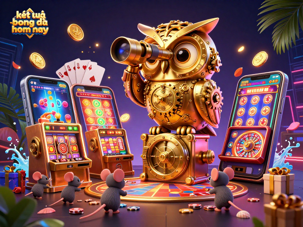 Experience live betting with kết quả bóng đá hôm nay, featuring an animated casino scene with an owl, mice, and games.