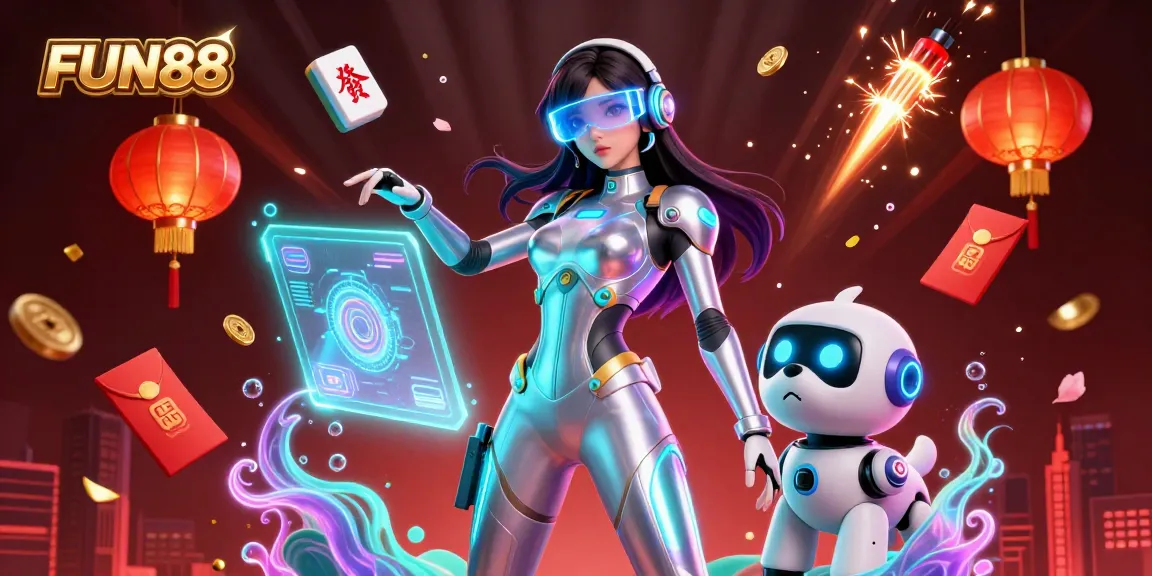 Engage in thrilling gameplay with FUN88 as you explore a vibrant 3D casino world brimming with interactive holographic elements.