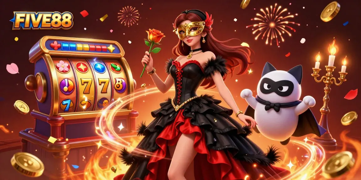 Win big with FIVE88 in a vibrant 3D casino illustration showcasing slot games and dynamic celebrations.