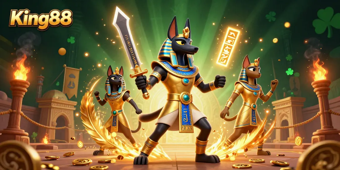 Engage in thrilling gameplay at King88 featuring a dynamic ancient Egyptian battle scene.