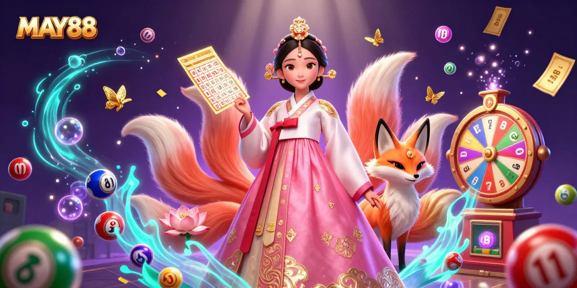MAY88 showcases an enchanting casino scene with a graceful Asian woman in hanbok, a lucky fox, and dynamic lottery elements.