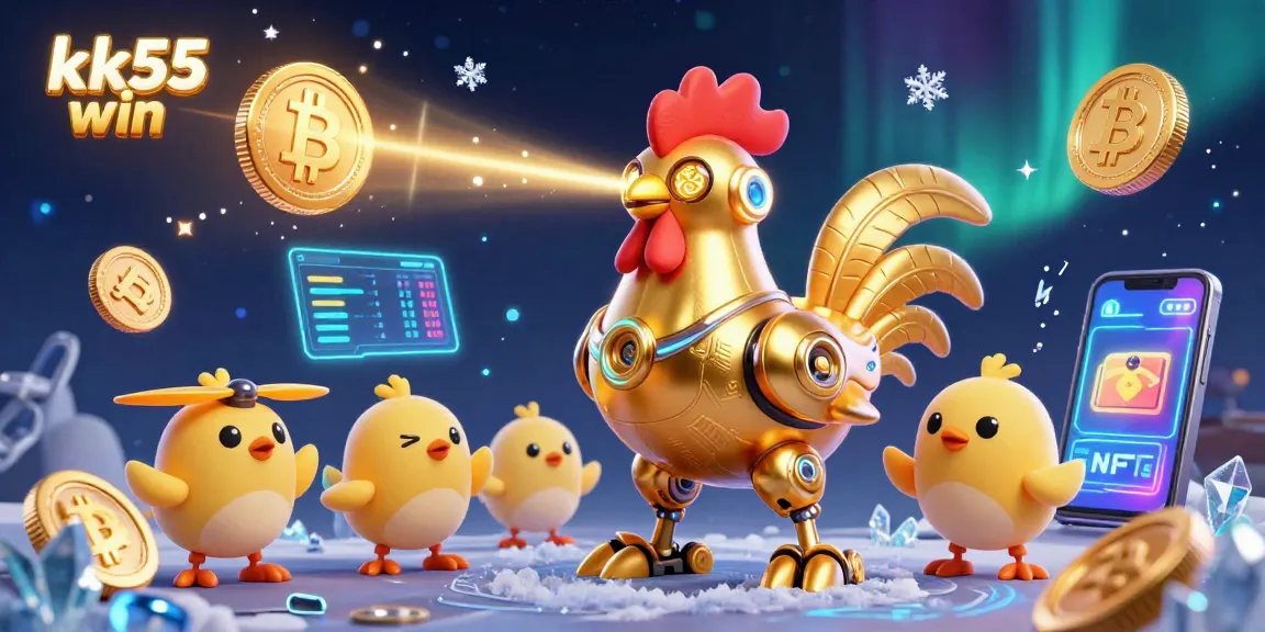 Engage with kk55 win in this vibrant 3D scene, featuring a golden rooster robot, crypto elements, and cartoon characters.