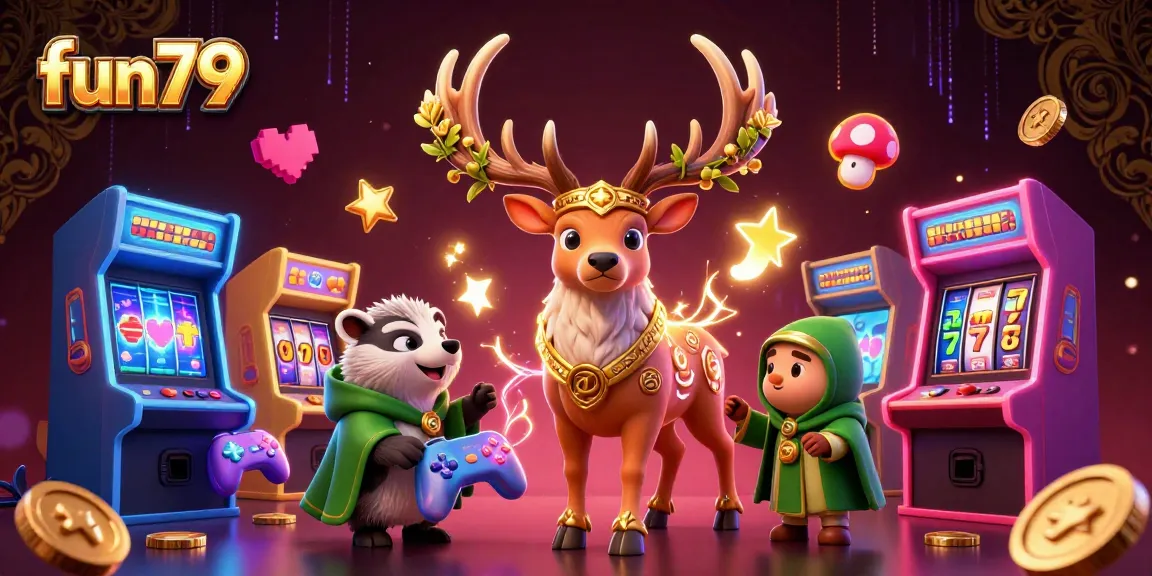 Experience the vibrant fun79 casino world with a druid stag and wise badger amidst exciting slot game elements.