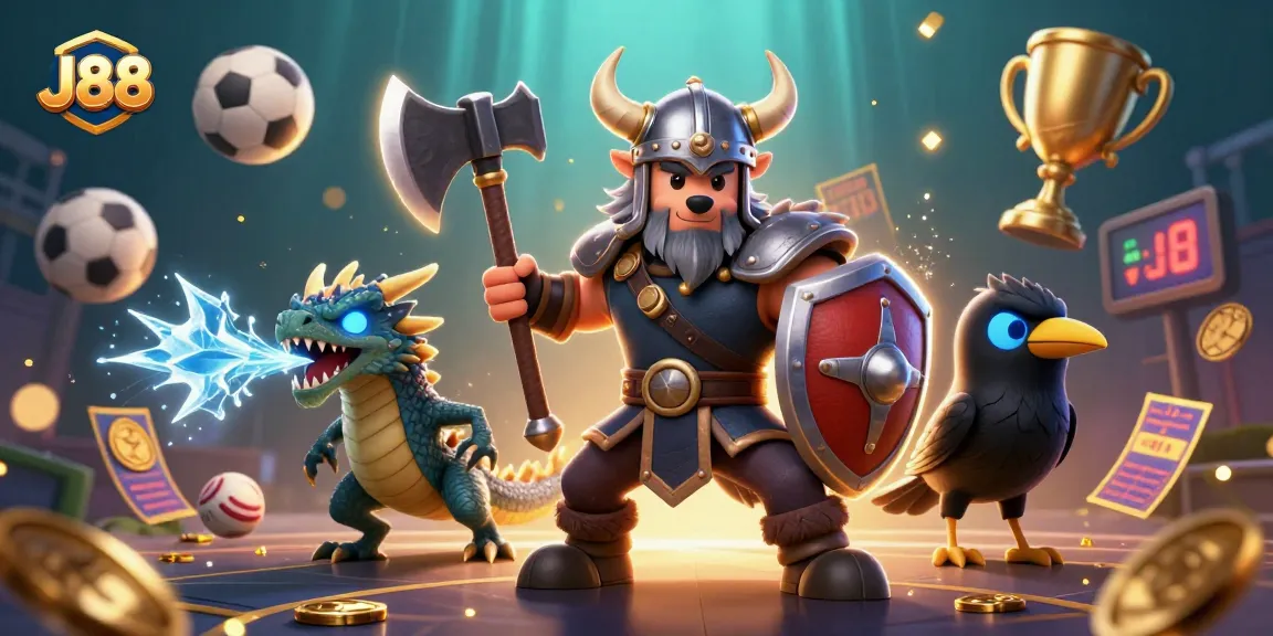 Engage with J88 gaming themes illustrated by a Viking warrior and dragon in a vibrant setting.