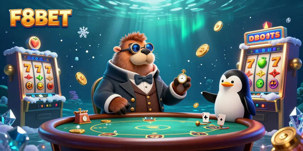 Experience the excitement of F8BET with underwater poker featuring a walrus, penguin dealer, and pufferfish.
