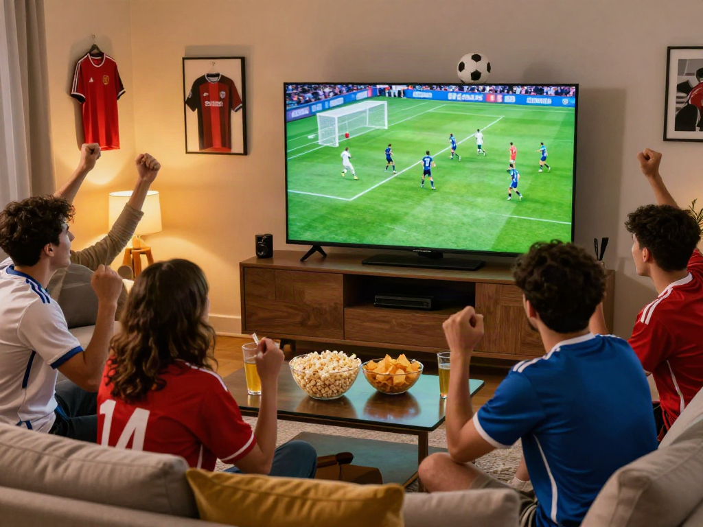 Friends enjoying cà khại tv while watching a live soccer match at home, surrounded by snacks and jerseys.