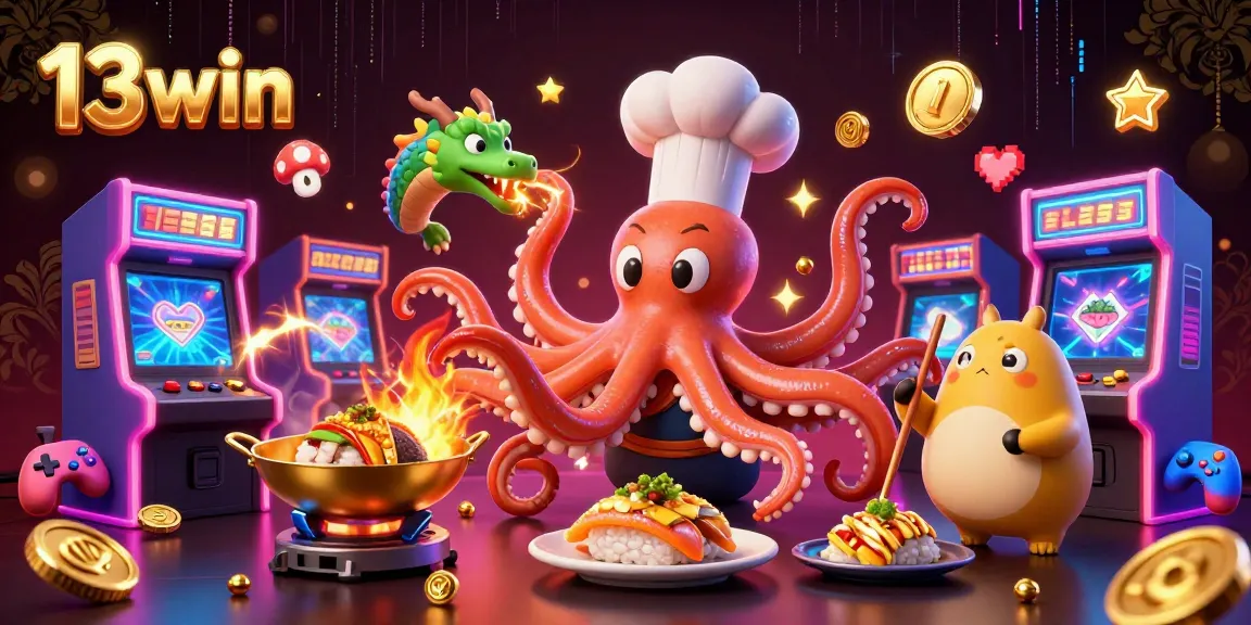 Immerse in 13win's vibrant online casino world with a dynamic scene featuring an octopus chef, dragon, and tanuki.
