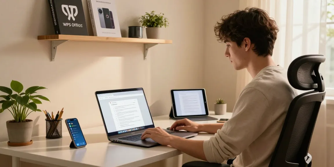 Young professional downloading WPS Download on laptop in modern home office