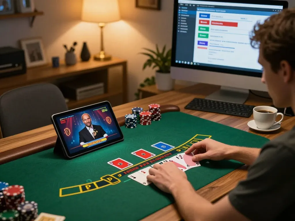 Player enjoying HITCLUB blackjack game on tablet in cozy home environment