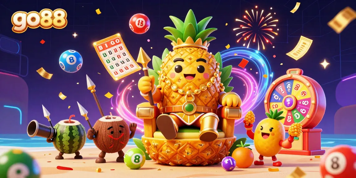 Experience the excitement at go88 with the golden pineapple king and vibrant lottery elements in a lively casino scene.