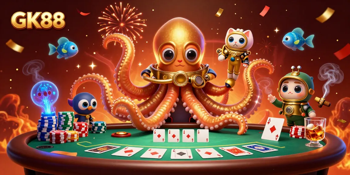 Experience thrilling GK88 gameplay with a vivid kraken and diving cat amidst colorful poker elements.