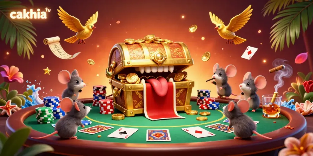 Experience the thrills of cakhia tv with a vibrant poker scene featuring a golden treasure chest and dynamic game elements.