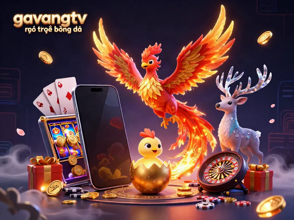 Watch the dynamic scene of gavangtv trực tiếp bóng đá with a phoenix, baby chick, and stag amid gambling elements.