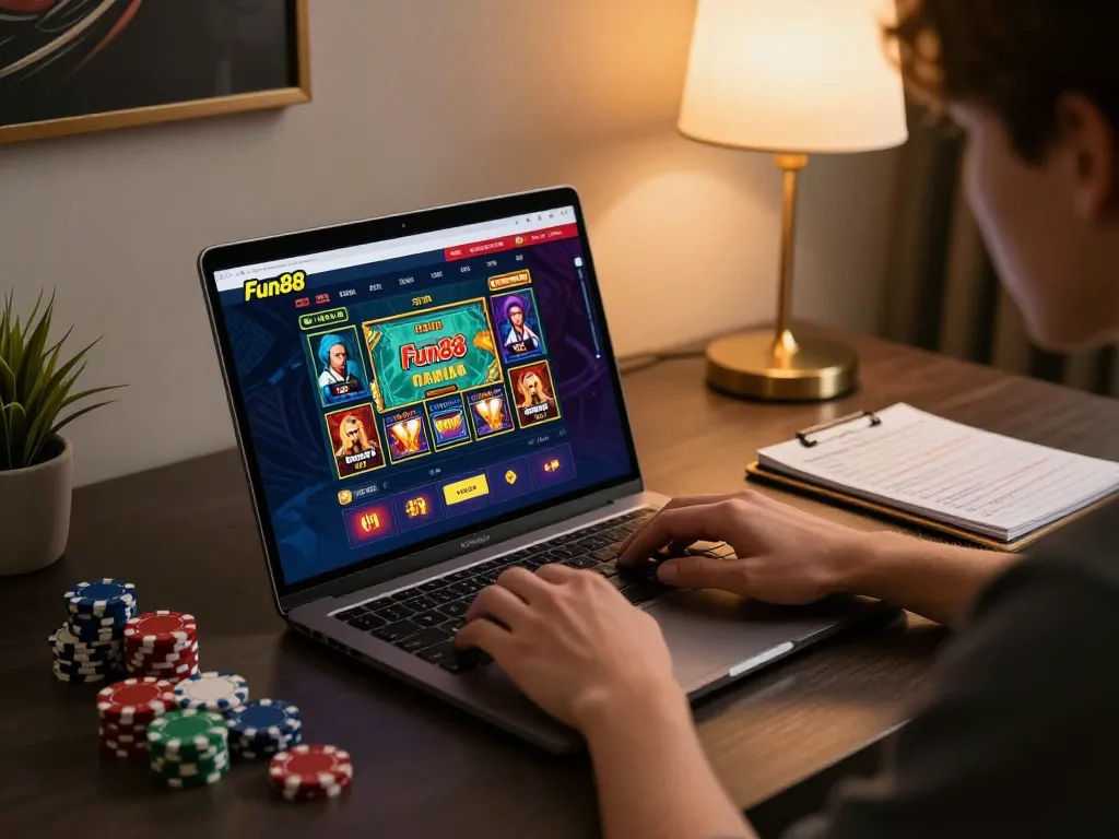 Engaged player enjoying Fun88’s online gambling platform in a cozy, stylish home setup