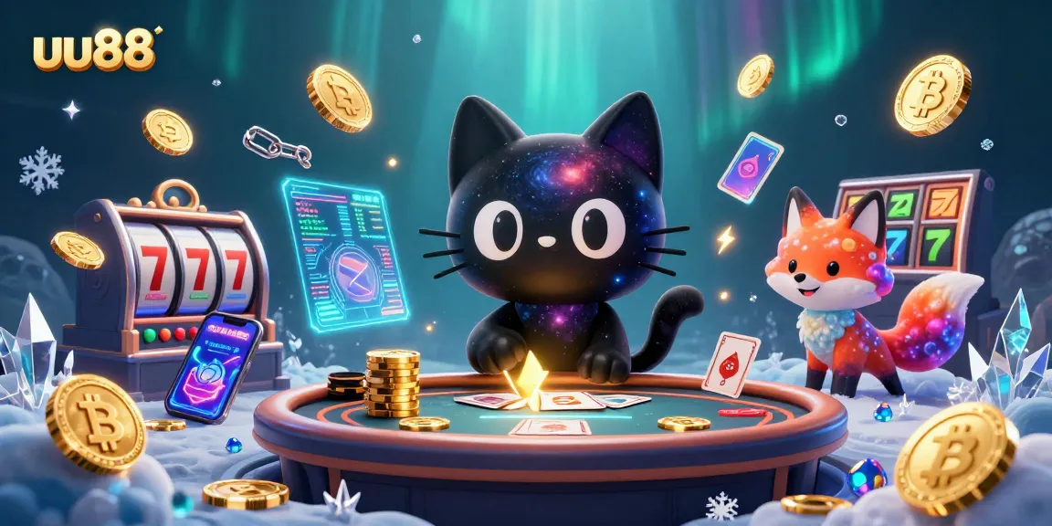 uu88 captivates with a black hole cat and nebula fox at a cosmic casino table, pulling in chips.