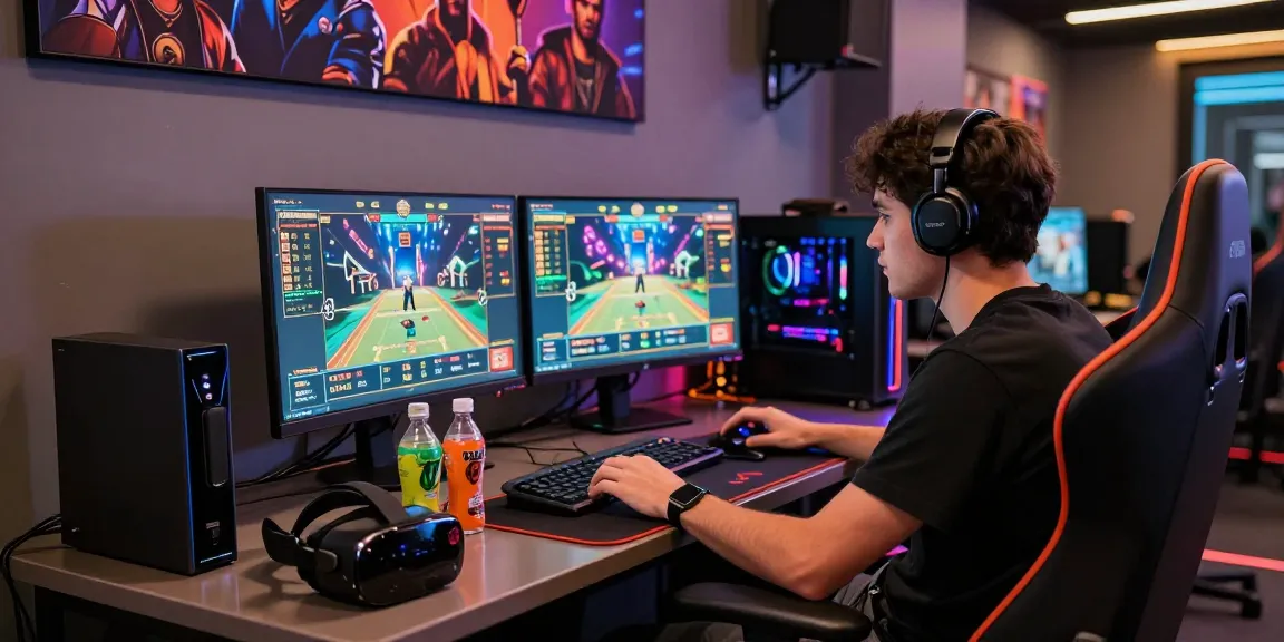Gamer engaged in intense gameplay at a vibrant gaming lounge with Rr8i interface displayed on screens.