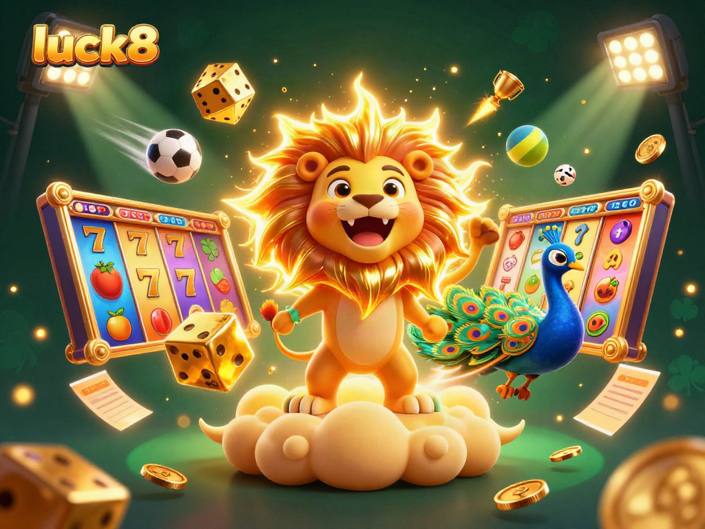 Experience the excitement of luck8 with a vibrant scene of a roaring lion, golden dice, and slot reels.
