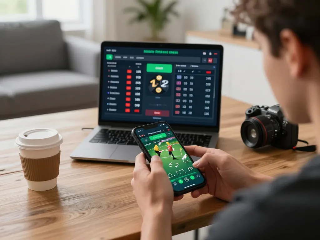 Engaged player placing bets on 23win.com with smartphone in cozy home setting, showcasing sports betting strategy.