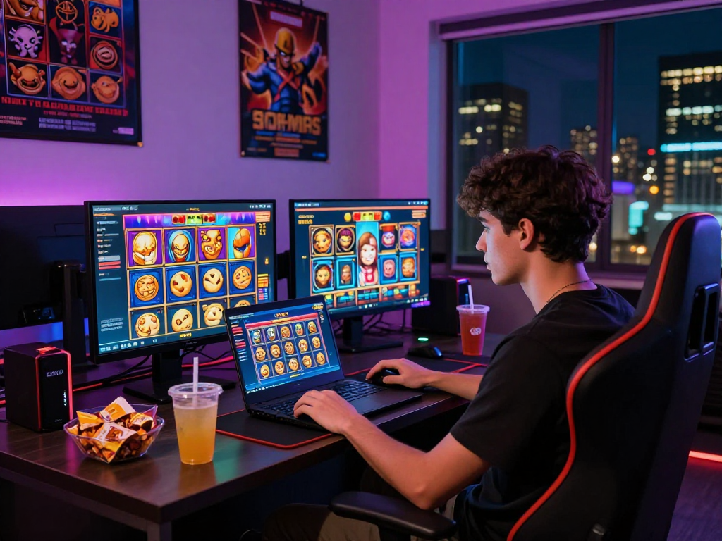 Engaged user playing slot games on rokok88 with vibrant visuals and a city skyline backdrop.
