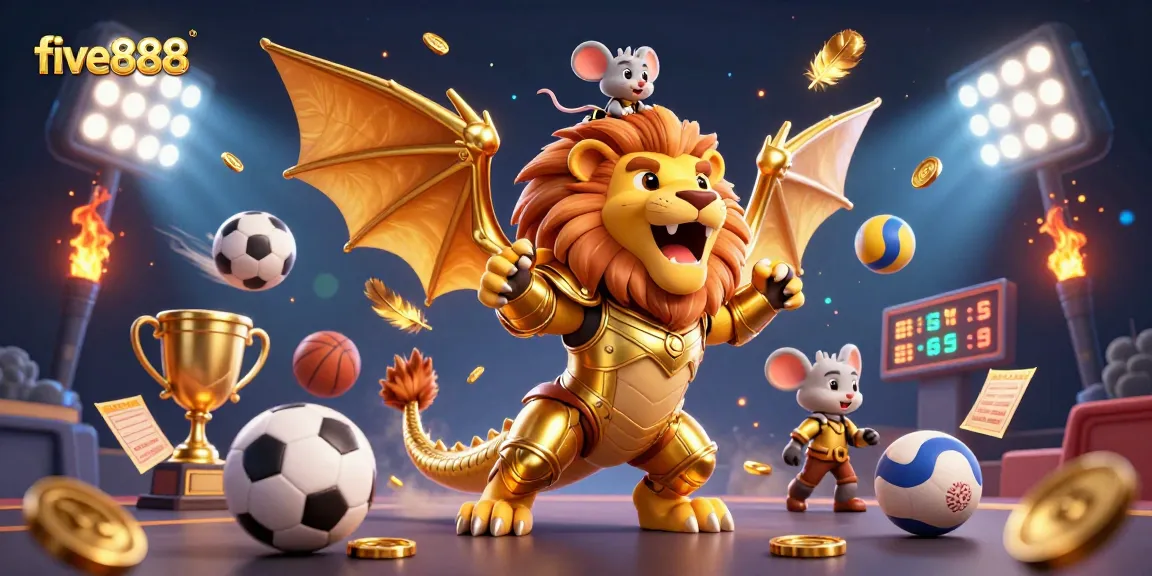 Experience thrilling sports betting with five888's dynamic 3D illustration featuring golden elements and vibrant game balls.