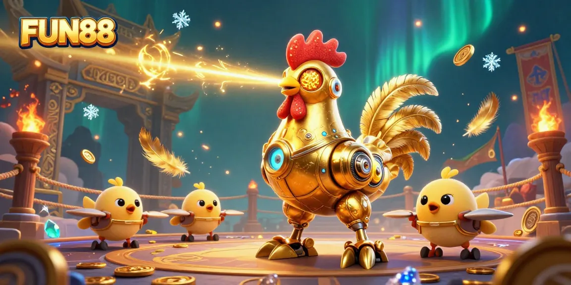 Experience FUN88's thrilling online gaming with a golden rooster robot and baby chick drones.
