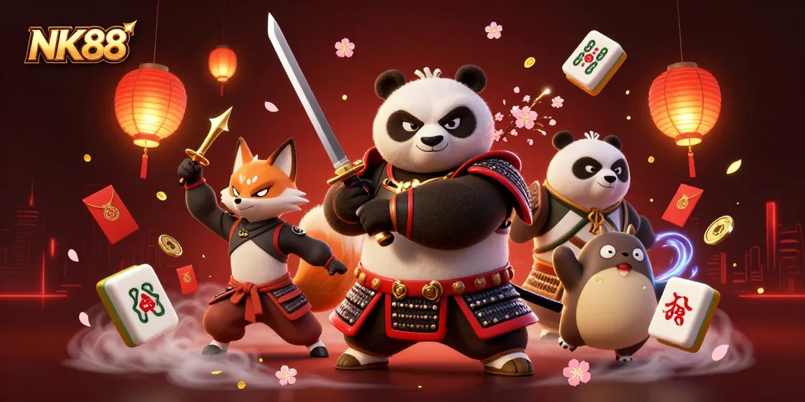 Experience NK88's thrilling adventure with samurai panda, ninja fox, and magical tanuki in a dynamic casino scene.