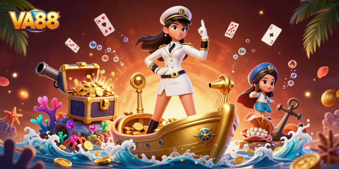 Experience exciting gaming at VA88 with an elegant Asian woman on a treasure-filled golden ship.