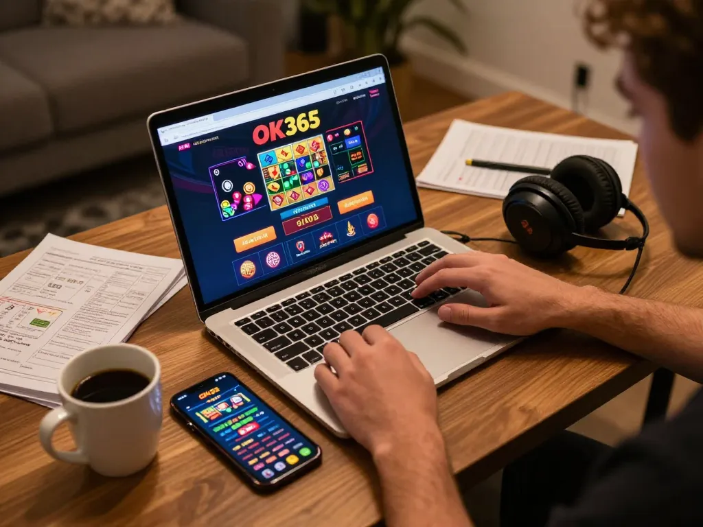 Engaging scene of a player using OK365 for online gambling with laptop and smartphone.