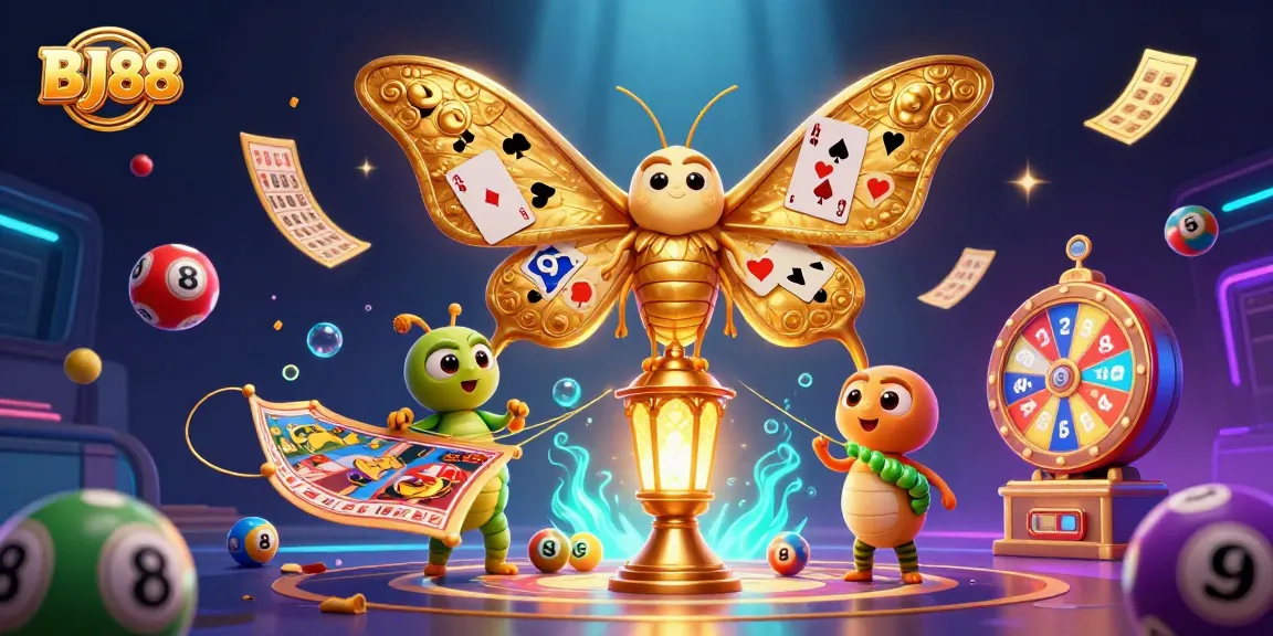 Experience the excitement of BJ88's vibrant casino scene with golden moths and dynamic game elements.