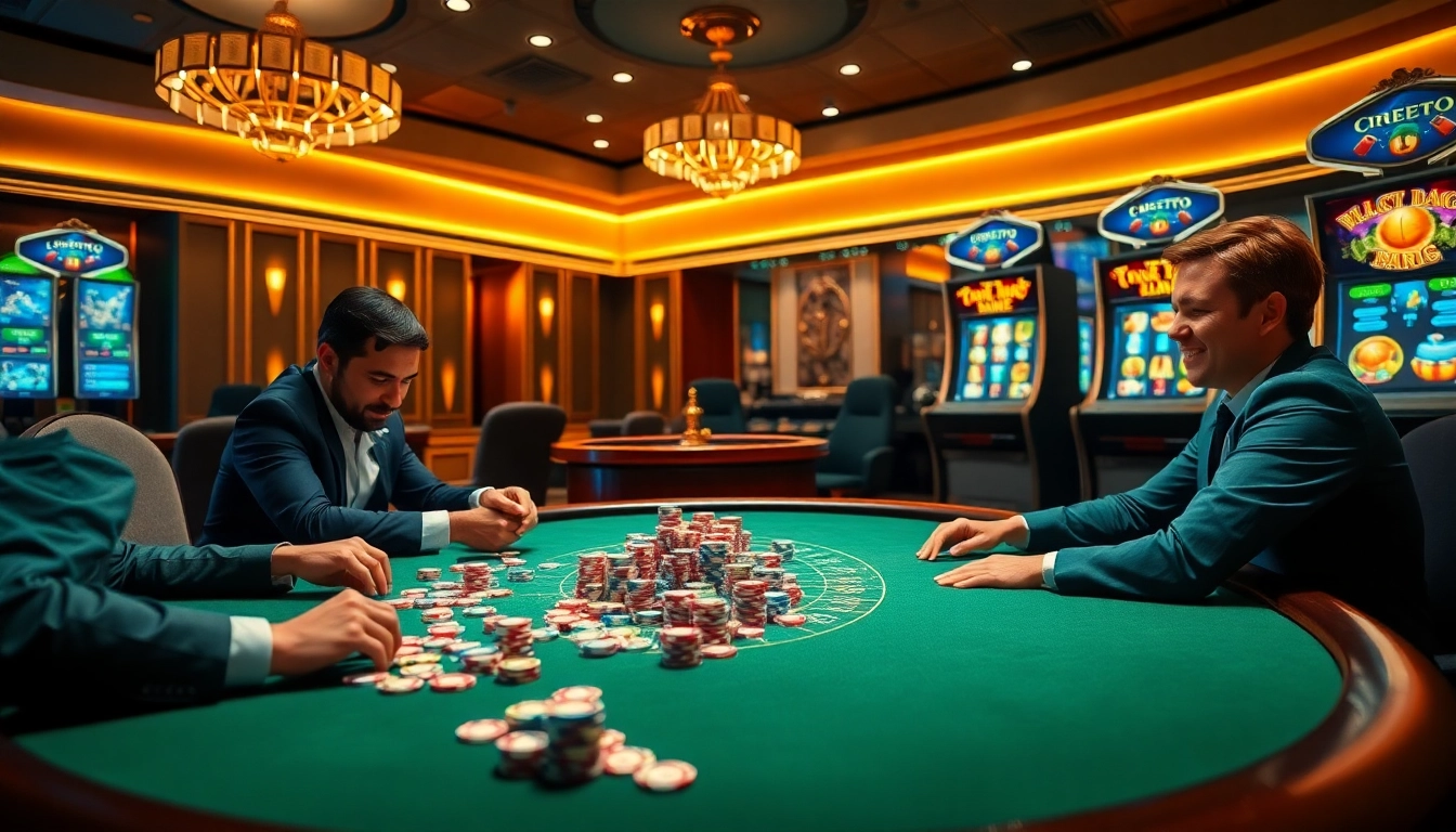 Engaging gamblers at https://lode88.ae/ with a vibrant casino scene featuring poker and roulette.