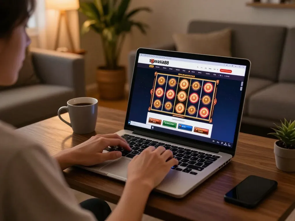 Tigerasia88 site displaying exciting online slot games with a warm home gaming ambiance.