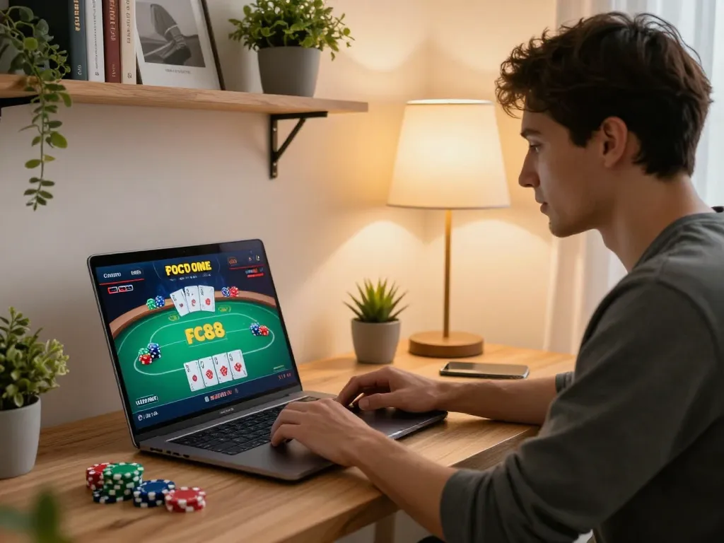 Player enjoying an exciting poker game on FC88 online casino platform from a cozy home office.